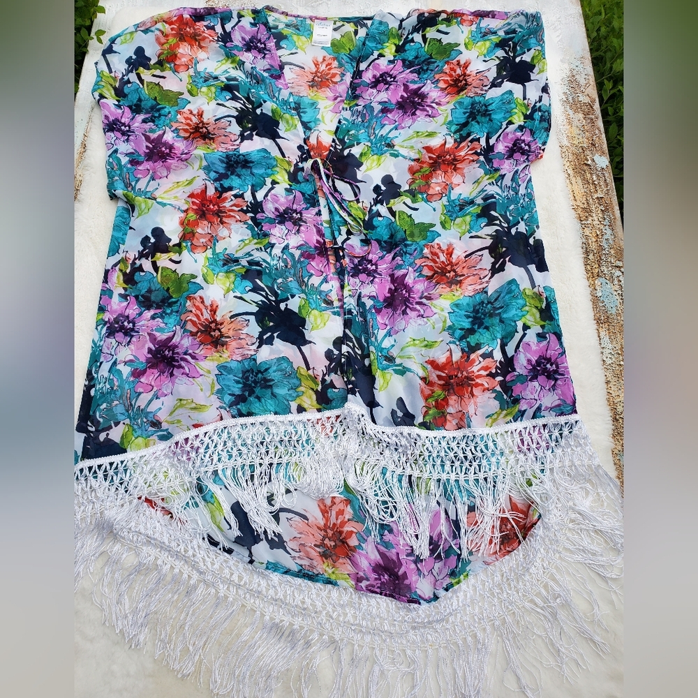 Floral Fringe Kimono Top Size 12-14